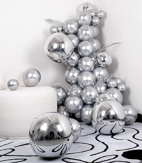 Amazon.com: SUWEN Silver Metallic Chrome Balloons and Silver 4D Balloon 69PCS Different Sizes Latex Shiny Helium Balloon and Foil Balloon kit for Birthday Graduation Wedding Shower Anniversary Party Decorations : Home & Kitchen Mirror Balloons, Silver Wedding Anniversary Decorations, Chrome Balloons, Dance Theme, Wedding Anniversary Decorations, Anniversary Party Decorations, Silver Balloon, Metallic Balloons, Rose Gold Balloons