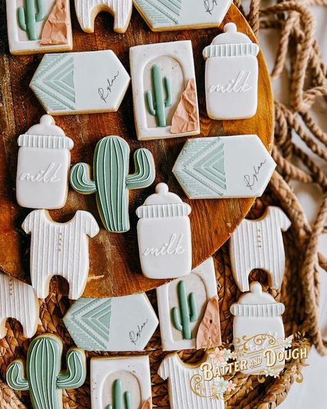 Megan Kelley on Instagram: "A western inspired baby shower Rectangle cactus design inspired by @hanamade.cookies #babyshowercookies #westerncookies #cookiesoginstagram #cookiesofidaho #idahocookier #cookiesofcda #decoratedcookie #batteranddough" Babychella Baby Shower Ideas, Western Chic Baby Shower Ideas, Rustic Baby Shower Ideas For Boys, Vintage Western Baby Shower Ideas, Southwest Baby Shower Ideas, Cactus Baby Shower Cookies, Howdy Baby Shower Theme, Desert Theme Baby Shower Ideas, Cactus Theme Baby Shower Ideas