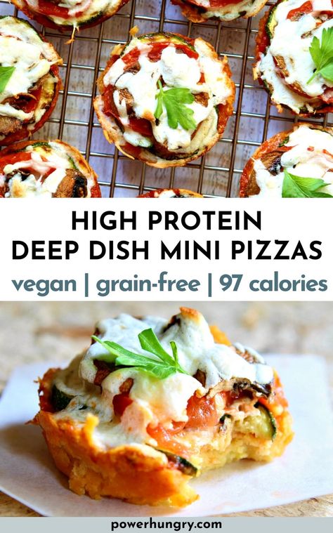 Mini chickpea flour pizzas are fast & easy to make (in a muffin tin), vegan, grain-free, gluten-free, high protein & only 97 calories each. #chickpeaflour #grainfree #100caloriesnack #highprotein #veganprotein #plantbasedprotein #veganrecipe #veganrecipes #garbanzobeanflour #highproteinsnack #highproteinpizza #pizza #veganappetizer #veganpizza $gluten-free #glutenfreepizza #grainfreepizza Gluten Free Bariatric Recipes, Vegan Gluten Free Pizza, Vegan High Protein Recipes, High Protein Vegan Meals, Chickpea Flour Recipes, Vegan High Protein, Vegan Low Carb, Garbanzo Bean Flour, Bariatric Food