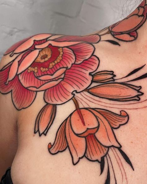 Traditional Flower Tattoo Cover Up, Traditional Neo Tattoo, Traditional Style Peony Tattoo, Neo Traditional Flower Sleeve, Neo Traditional Tulip Tattoo, Neo Traditional Hibiscus Tattoo, Neo Traditional Tarot Tattoo, Neo Traditional Floral Tattoo Sleeve, Floral Neck Tattoo For Women