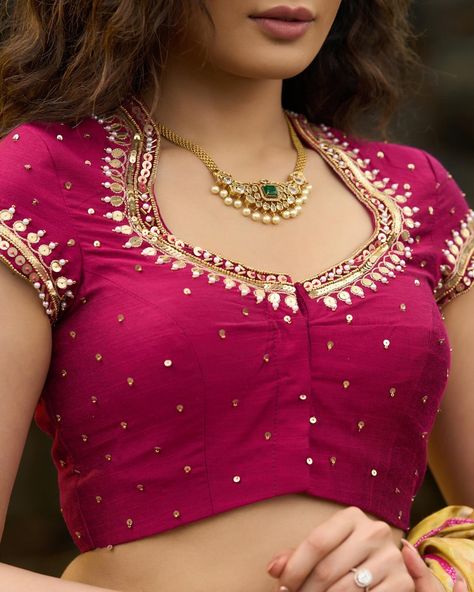 Padded Blouse, Cap Sleeves Blouse, Elegant Blouse Designs, Blouse Neck, Readymade Blouse, Magenta Pink, Collar Blouse, Saree Blouse Designs, Work Blouse