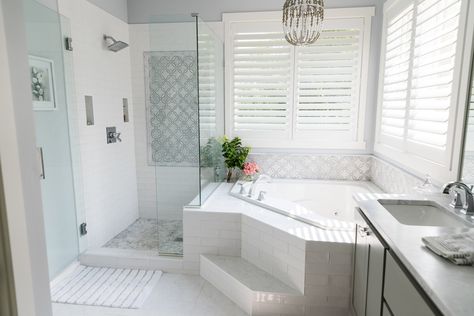 Project Reveal: Amy’s Abode Part II Bathroom Jetted Tub Ideas, Jetted Tub Surround Ideas Master Bath, Master Bath With Jacuzzi Tub, Corner Jetted Tub Remodel, Corner Jacuzzi Tub Bathroom Remodel, Corner Tub Master Bath Remodel, Corner Jacuzzi Tub Bathroom, Corner Jet Tub, Jacuzzi Tub Remodel