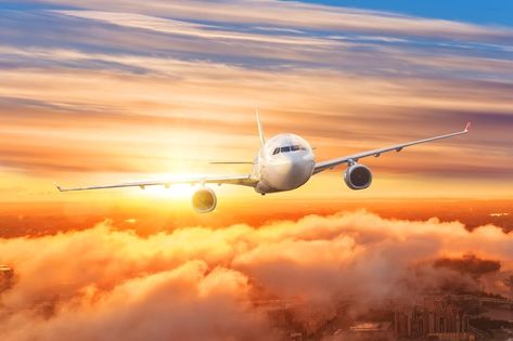 Airplane above the clouds in the sky at sunrise Airplane Clouds, Fly Plane, Small Airplanes, Miami International Airport, Clouds In The Sky, Airports Terminal, Southwest Airlines, International Flights, Above The Clouds