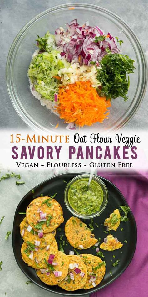 15-Minute Vegan Savory Oat Flour Vegetable Pancakes! Gluten-free, healthy, contains protein, and perfect for the entire family! Serve these for breakfast, lunch, snack, or even brunch! #veganpancakes #vegetablepancakes #oatflour #savorypancakes #veganbreakfast #healthyeats #veganeats #oatflourrecipes #oatflourpancakes Breakfast With Vegetables Ideas, Vegan Savory Pancakes, Easy Savory Vegan Breakfast, Vegan Savory Breakfast, Vegan Brunch Ideas, Savory Vegan Breakfast, Healthy Savory Breakfast, Vegetables For Breakfast, Savory Oats