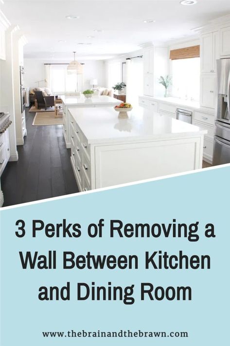 Removing a wall between the kitchen & dining room was the #1 best decision we made! We're sharing Before and Afters (plus 3 benefits)!#KitchenIslandWithPullOutTable #DIYFurnitureInspo #SmallKitchenStyle #FunctionalKitchenIdeas #IslandStorageSolutions Take Out Wall Between Kitchen And Dining Room, Open Concept Galley Kitchen Living Room, Remove Wall Between Kitchen And Dining Room, Kitchen Expanded Into Dining Room, Kitchen Remodel Into Dining Room, Combining Dining Room And Kitchen, Kitchen Remodel Remove Wall, Wall Removal Before And After Kitchens, Converting Dining Room To Kitchen