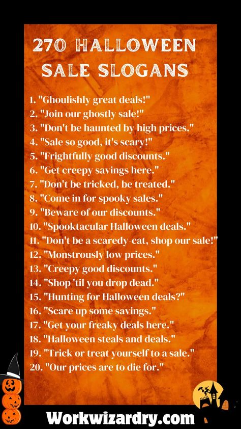 270 Halloween Sales Slogans That Sell Like Witchcraft 9 Halloween Sales Ideas, Halloween Business Ideas, Halloween Slogans, Halloween Business Marketing Ideas, Sales Slogans, Beauty Slogans, Halloween Names, Business Promo, Halloween Post