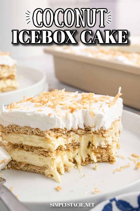 Coconut Icebox Cake, Cool Whip Desserts, Coconut Filling, Icebox Cake Recipes, Simply Stacie, Coconut Pudding, Coconut Desserts, Chocolate Banana Bread, Icebox Cake