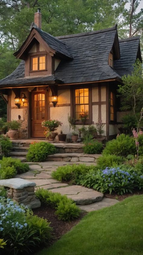 Enchanted Escapes: 16 Cozy Cottage Plans for Fairytale Lovers - Cheerful Talks Two Story Cottage Exterior, Small Tudor Style Homes, Fairytale House Interior, Storybook Homes Plans, Fairytale Cottage Floor Plans, Storybook Cottage House Plans, Cottage Curb Appeal, House Front Ideas, Cottage Home Exterior