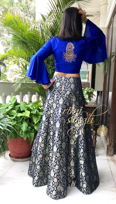 Blue Indowestern Dress For Women, Silk Crop Top And Skirt Indian, Crop Top And Skirt Indian, Ghaghara Choli, Casual Anarkali, Banarasi Skirt, Garara Suit, Lengha Blouse Designs, Indowestern Dresses