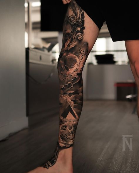 Can anyone catch the concept behind it? 😄 Just wrapped up this leg sleeve and I couldn’t be happier how it turned out. A massive shoutout to Chase, my client, who sat through the sessions like an absolute champ 👑 Info/appts 👉 check out the link in my bio Leg Sleeve Design, Leg Sleeve, Leg Sleeves, Be Happier, Sleeve Designs, Tattoos For Guys, Turn Ons, Tattoos, Quick Saves