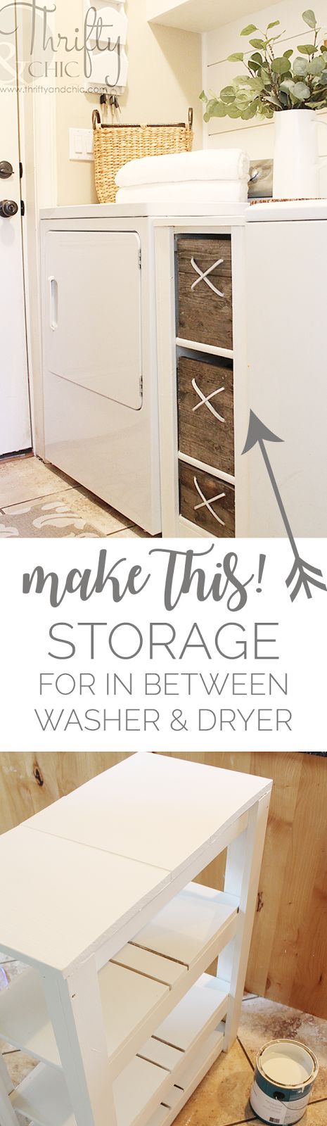 Thrifty and Chic - DIY Projects and Home Decor Shelf Between Washer And Dryer, Washer And Dryer Storage, Between Washer And Dryer, Diy Laundry Room Storage, Small Laundry Room Organization, Tiny Laundry Rooms, Room Storage Diy, Laundry Decor, Laundry Room Diy