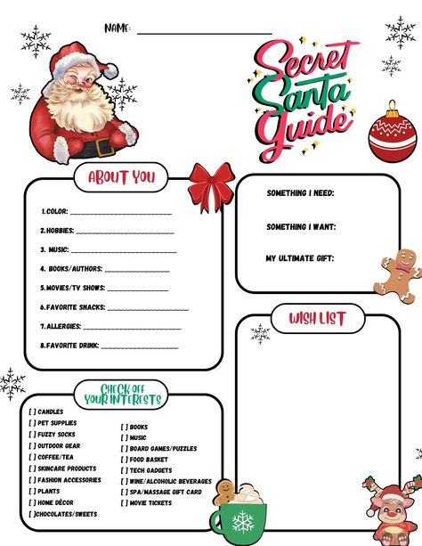 Secret Santa Paper To Fill Out, Gift Exchange Form, Secret Santa Survey, Gift List Ideas, Secret Santa Form, Santa Gift Tags Printable, Massage Gift Card, Secret Santa List, Work Gift Exchange