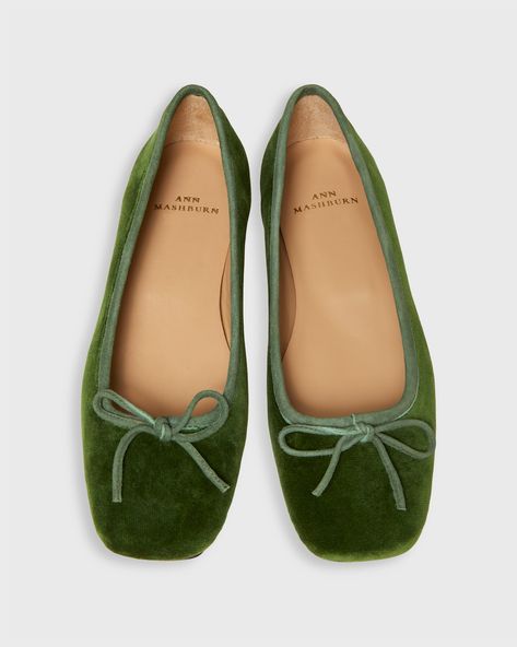 Square-Toe Ballet Flat in Avocado Velveteen | Shop Ann Mashburn Winter Shoes For Women Work Business Casual, Ballet Flats 2024, Fall Outfits With Flats, Styling Flats, Green Ballet Flats, Outfit Rotation, Cheetah Print Flats, Ann Mashburn, Green Clothing