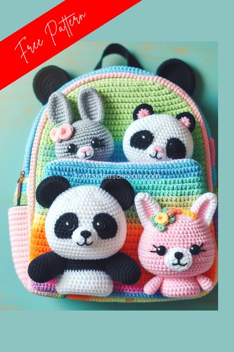 Explore the charming details of the Crocheted Animal Backpack, featuring handcrafted amigurumi creatures against a vibrant, rainbow-striped background. Crochet Doll Backpack Pattern Free, Amigurumi Bag Free Pattern, Crochet Backpack Free Pattern, Crochet Mini Backpack, Amigurumi Creatures, Kids Backpack Pattern, Crochet Hacks, Childrens Purses, Crochet Backpack Pattern