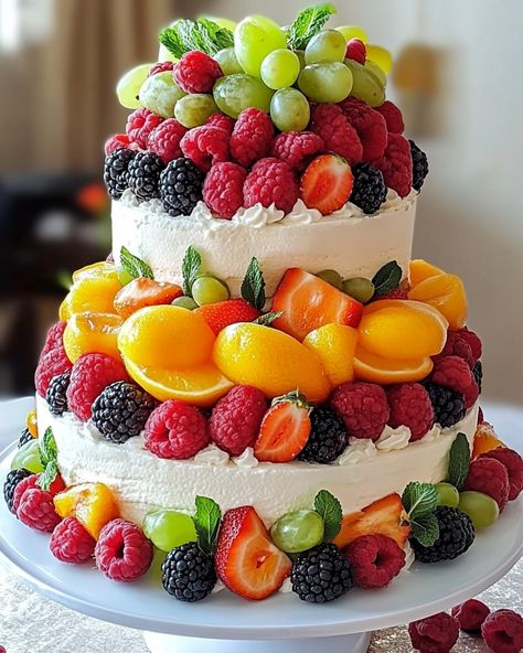 Fresh Fruit Three-Tiered Cake 🍉🍓🍇 ⬇️⬇️⬇️ Ingredients: 1 large watermelon 🍉 2 oranges, sliced 🍊 2 lemons, sliced 🍋 2 limes, sliced 🍈 3 kiwis, sliced 🥝 1 cup green grapes 🍇 1 cup red grapes 🍇 1 cup strawberries, halved 🍓 1 cup blackberries 🍇 1 cup blueberries 🫐 1 cup raspberries 🍇 1 cup cherries 🍒 1 cup melon balls (cantaloupe, honeydew) 🍈 Toothpicks or small wooden skewers Decorative platter or base Instructions: Prepare the Watermelon Base: Cut the watermelon into three large, flat circula... Cilantro Dishes, Grape Cake, Melon Balls, Fruit Cake Design, Green Desserts, Wooden Skewers, Tiered Cake, Fruity Desserts, Green Grapes