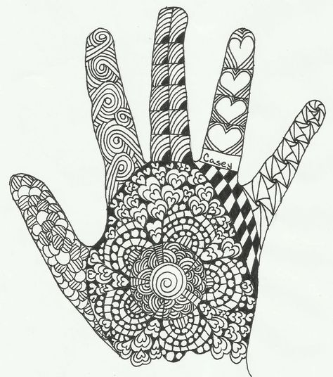 Community art board - Zentangle hand Creative Haven Coloring Pages, Zentangle Hand, Hand Art Projects, Doodle Shapes, Easy Zentangle Patterns, Zentangle Coloring Pages, Easy Zentangle, Drawing Base Poses, Zentangle Animals