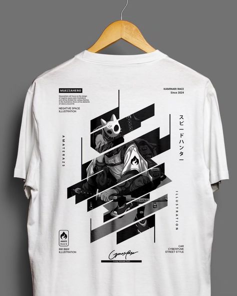 Applying the illustration to a t-shirt mockup, hopefully the results of the screen printing will be appropriate Muezzahero | Amaterazs | Kaminari Race #characterdesign #character #design #illustration #thsirtdesign #mockuptshirt #artworks #mockup #cyberpunkart #cyberpunk #streetstyle #assasin #japanculture #mockupdesign #thsirt #mecha #amaterazs #muezzahero #blackandwhite #catmask #dark #kaminarirace #art #sketch #draw #drawing #tshirtdesign Cyberpunk Shirt, Anime Tshirts, Mock Up T Shirt, Character Design Illustration, Tee Shirt Fashion, Japanese Pop Culture, Latest Series, Anime Tshirt, Japan Culture