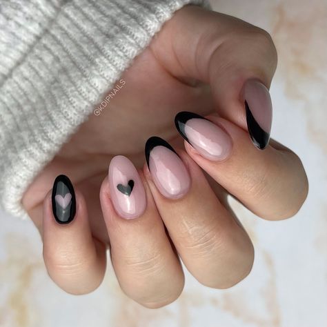 kdipnails Dip Nails French Tip, Dip Nails French, Nails With Dip Powder, Heart French Nails, Valentines Nails Black, Black French Tip, Black French Tips, S Nails, Black Nail Designs