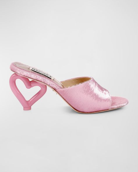 "Find BADGLEY MISCHKA Lucid Heart-heel Mule Sandals on Editorialist. Badgley Mischka \"Lucid\" velvet mule sandals 3.00 in / 75 mm architectural metal heart heel Open toe Slide style Leather outsole Lining: Leather Spot clean Imported" Velvet Mules, Pink Mules, Heeled Mules Sandals, Metal Heart, Mule Sandals, Badgley Mischka, Mule Clogs, Mules Shoes, Mule