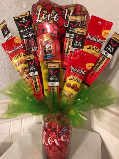 Diet Coke Bouquet, How To Make A Beef Jerky Bouquet, Diet Coke Valentines Gift, Beef Jerky Bouquet For Him, Reese’s Bouquet, Beef Jerky Bouquet, Valentines Day Gifts For Him Husband, Diy Valentine Gifts For Boyfriend, Homemade Valentines Gift