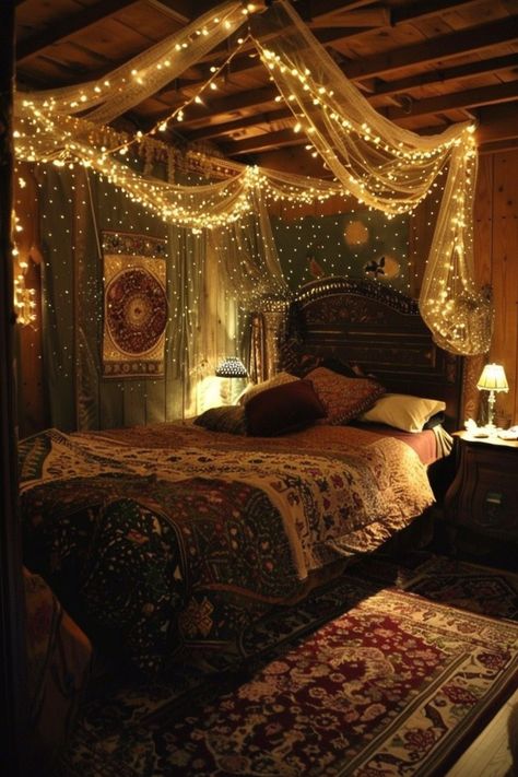 Boho Living Bedroom, Aesthetic Room Ideas Colorful, Whimsical Goth Bedroom Decor, Bedroom Decor Dorm, Dark Bedroom Cozy, Room Decor Ideas With Lights, Dark Bohemian Bedroom Decor, Whismgothic Bedroom, Dark Comforter Bedroom