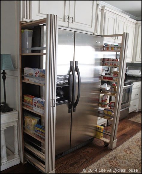 add roll out shelves to the sides of the refrigerator cabinet  - how to build the roll out shelves Small Cabinet Next To Fridge, Side Of Refrigerator Storage Ideas, Next To Refrigerator Storage, Fridge With Pantry Surround Storage, Refrigerator Side Storage, Storage Beside Refrigerator, Shelving Around Refrigerator, Kitchen Refrigerator Cabinet Ideas, Shelves Next To Refrigerator