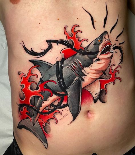 Shio Zaragoza on Instagram: “@blessedtattoozgz #shark #sharklover #sharktattoo #sharkextinction #savethesharks #stopfinning #neotraditionaltattoo #neotraditional…” Neo Traditional Shark Tattoo, Neo Traditional Shark, Great White Shark Tattoo, Two Sharks, Paintbrush Tattoo, Traditional Shark Tattoo, Blood Tattoo, Old School Ink, Shark Tattoo