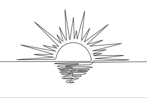 One Line Sun Drawing, Sunset Line Drawing, Sun Rays Drawing, Sun Line Drawing, Sunset Outline, Sunset Line Art, Barcelona Drawing, Horizon Drawing, Sun Line Art