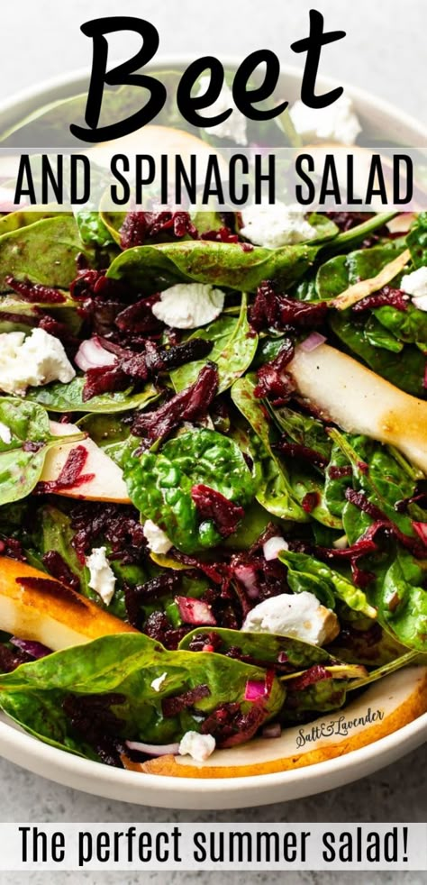 This easy beet and spinach salad recipe has goat cheese, pears, and a homemade honey balsamic vinaigrette. It's a simple and healthy salad you'll make all summer long! Spinach Salad With Beets, Beet Peach And Goat Cheese Salad, Spinach Beet Salad Recipes, Beet Pear Goat Cheese Salad, Beet And Pear Salad Recipes, Pear And Spinach Salad, Spinach Beet Goat Cheese Salad, Spinach And Beet Salad Recipes, Simple Spinach Salad Recipes