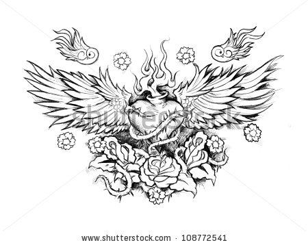 Sacred heart tattoo with wings and sparrows. Sacred Heart Chest Tattoo, Sacred Heart With Wings, Sagrado Corazon Tattoo, Chest Tattoo Wings, Vintage Tattoo Sleeve, Sacred Heart Tattoo, Small Back Tattoos, Sacred Heart Tattoos, Sparrow Tattoo