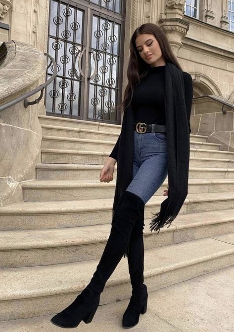 Jeans And Long Boots Outfit, Long Boots With Jeans Outfit, Long Boots Outfits Winter, Outfit With Long Boots Winter, Outfit Ideas With Long Boots, Fall Outfits Long Boots, Winter Outfits With Long Boots, Long Black Boots Outfit Jeans, Jeans With Long Boots