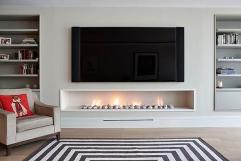 Hole in the wall gas fireplace, contemporary, modern style. modern living room by the platonic fireplace company modern limestone | homify Tv Mounted, Feature Wall Living Room, Linear Fireplace, Fireplace Tv Wall, Farmhouse Fireplace, Contemporary Fireplace, Living Room Decor Fireplace, Tv Wall Design, Modern Houses Interior