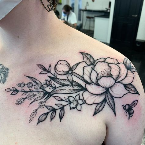 Rebecca Vincent on Instagram: “Peony and lavender for Amy ❤️” Lavender And Peony Tattoo, Rebecca Vincent Tattoo, Flower Tattoo For Men, Vincent Tattoo, Peony Flower Tattoo, Rebecca Vincent, Men Flower Tattoo, Peony Flower Tattoos, Violet Tattoo