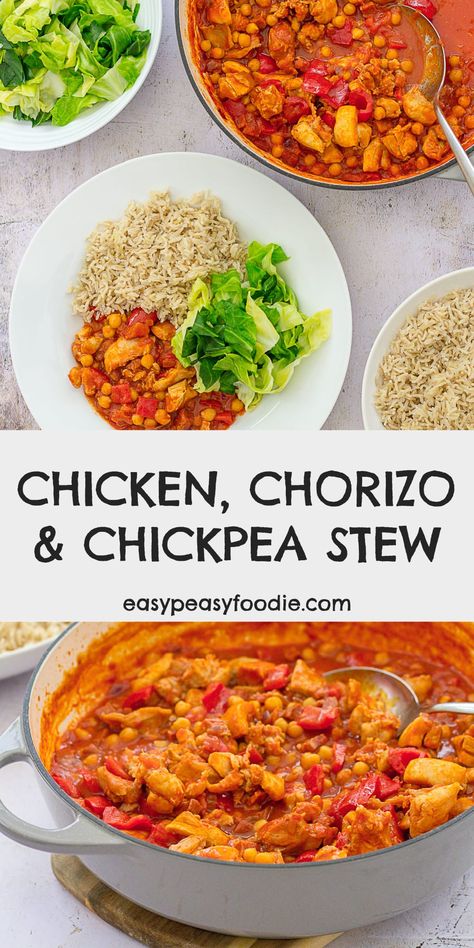 Batch Cook Recipes, Chicken Batch Cook Recipes, Batch Cooking Recipes Healthy, Easy Batch Meals, Chicken And Chickpea Recipes, Chicken And Chorizo Recipes, Chickpeas Stew, Healthy Batch Cooking, Batch Cooking Freezer