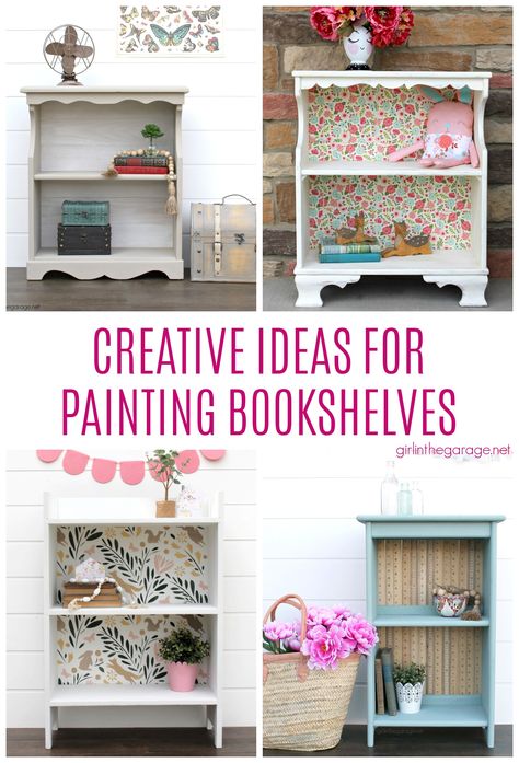 Discover amazing creative ideas for painting bookshelves - including stencils, decoupage, whitewashing, and more. Hand painted bookcase ideas by Girl in the Garage Painted Bookcase Ideas, Painted Back Bookshelves, Painting Bookshelves, Girls Bookcase, Painted Bookcase, Shelf Makeover, Bookshelf Makeover, Bookcase Makeover, Painting Bookcase