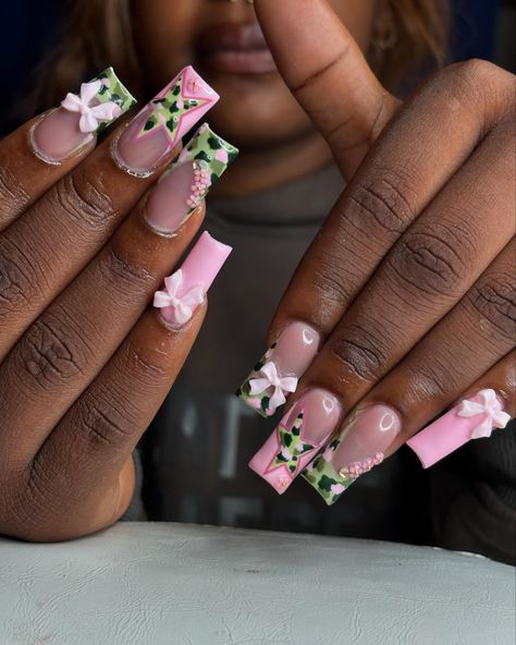 pink camo nails 💚🩷 - if you’re seeing this dm @nails.bydaya_ to book an appt 🤍 - - - - - - - - - - - - #pinknails #girlynails #coquettenails #pinkbow #camonails #camonaildesign #pinkcamo #pinkcamonails #camostar #pinknaildesign #fyp #gelxnails #gelxnailtech #bptnailtech #ctnailtech #ctnails #bptnails #bridgeportnails #bridgeportct #bridgeportnailtech #bridgeportctnailtech #bridgeportctnails #beginner #notaprofessional #justforfun #nailart #naildesigns #nailinspo #nails.bydaya_ #nailsbydaya Camo Print Nails, Camo French Tip Nails, Pink Camo Nails, Camo Nail Designs, Camouflage Nails, Camo Nails, Camo And Pink, Baddie Nails, Pink Nail Designs