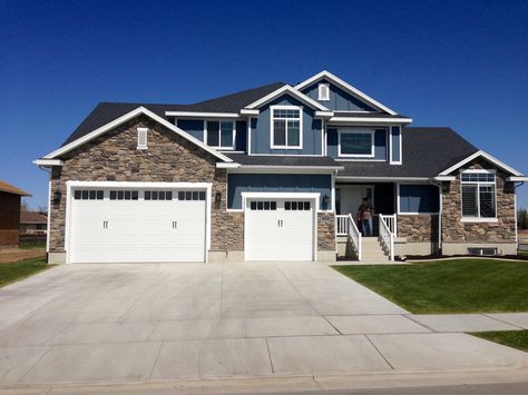 I like this combination: Dark Grey Roof, Dark Blue Hardy Board, Brown Stone, White Trim House With Brown Trim, Dark Exterior Paint Colors, Dark Blue House, Hardy Board, Paint Combos, Dark Blue Houses, Garage Door Types, Blue Barn, Garage Door Styles