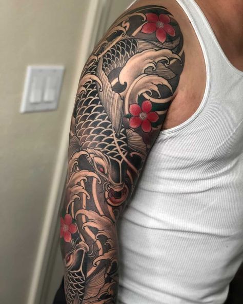 Types Of Tattoos, Dragon Tattoo Chest, Koi Tattoo Sleeve, Tattoo Ideas Males, Uv Tattoo, Dragon Sleeve Tattoos, Full Sleeve Tattoo Design, Koi Tattoo, Upper Arm Tattoos