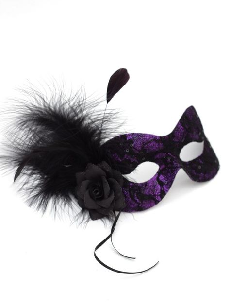 This gorgeous handmade lace covered Italian masquerade mask, perfect for Masked Balls & Proms, has been decorated with a sparkly purple glitter, black feathers and a small black flower. masqueboutique.com Dark Purple Masquerade Mask, Italian Masquerade, Purple Masquerade Mask, Christmas Masquerade Party, Awesome Masks, Aesthetic Vans, Purple Masquerade, Masquerade Ideas, Masquerade Mask Costume