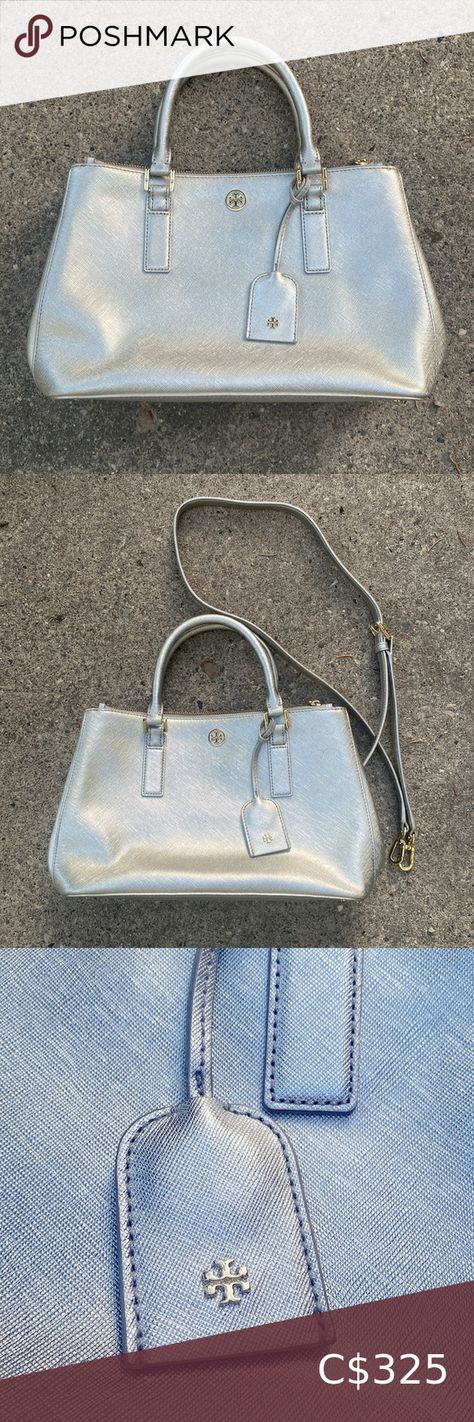 Tory Burch Robinson Tote Metallic Silver Leather- Comes with shoulder strap NWOT Tory Burch Robinson Tote, Tory Burch Robinson, Leather Interior, Mint Condition, Tory Burch, Metallic Silver, Shoulder Strap, Handles, Mint