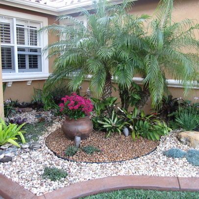 Landscape palm tree Design Ideas, Pictures, Remodel and Decor Robellini Palm, Landscape Bricks, Palm Trees Landscaping, Florida Landscaping, Small Front Yard Landscaping, Rock Garden Design, Easy Landscaping, Front Landscaping, Rock Garden Landscaping