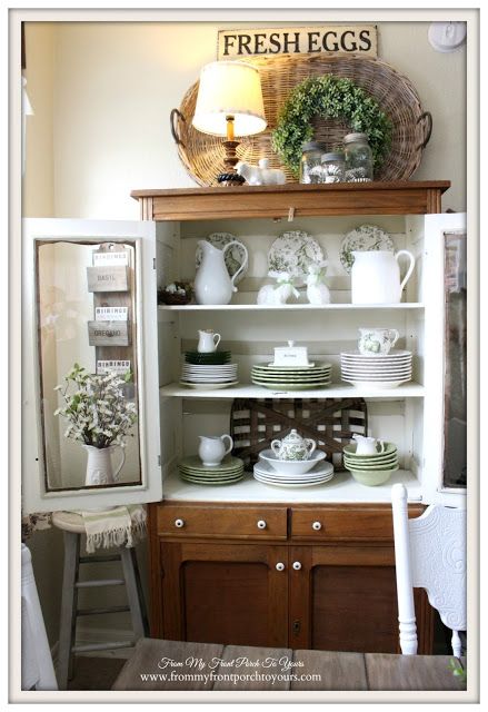 Top Of China Cabinet Decor Farmhouse, Pie Safe Decor Display Farmhouse, How To Decorate The Top Of A Hutch, Top Of Hutch Decor Ideas, Decorating Top Of Hutch Farmhouse, Pie Safe Decor Display, Decorate Top Of China Cabinet, Farmhouse China Cabinet Decor, Decorating Top Of Hutch