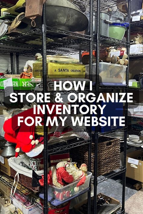 How I Store & Organize Thousands of Items For My Website - The Junk Parlor Shipping Organization Ideas, The Junk Parlor, Ebay Storage Ideas, Ebay Seller Organization, Reseller Organization Room, Inventory Organization Storage, Junk Organization, Inventory Organization, Metal Cart