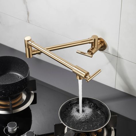 Feature    Dual jointed swing spout, used for only cold water or only hot water, one hole inlet wall mount.    360°Rotatable Faucet: Forious pot filler faucet with a 360° swing arm two-handle design is convenient to fill pots on your stove quickly… Pot Filler Kitchen, Natural Wood Kitchen, Filtered Water Faucet, Linen Headboard, Pot Filler Faucet, Pot Filler, Wall Mount Faucet, Gold Kitchen, Kitchen Pot