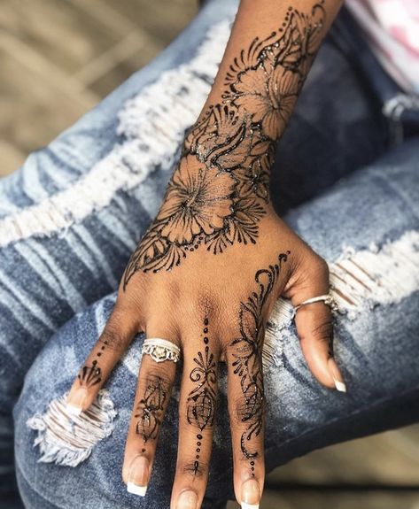 Mandala Tattoo On Hand Women, Womens Hand Tattoos Mandalas, Womans Hand Tattoo Ideas, Lace Mandala Tattoo Hand, Hand Tats For Black Women, Henna Hand Tattoos Black Women, Bold Hand Tattoo, Filigree Hand Tattoo, Hand Sleeve Tattoo Women