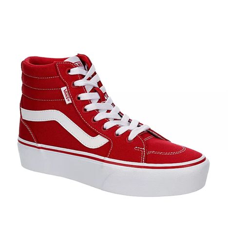 PRICES MAY VARY. Upper is made up of canvas. Lace-up closure High-top design Cushioned insole Waffle outsole Bring a new level of hip to your look with the Vans Unisex Filmore High Platform Canvas Sneaker - Tango Red. This canvas high-top sneaker features a platform design and Vans graphics to stand above the crowd. And thanks to a cushioned insole, padded collar & tongue and signature waffle sole, you can stroll in casual comfort. Red Platform Vans, Kiss Aesthetic, Platform Design, Red Vans, Platform Sneaker, Top Design, Womens Vans, Canvas Sneakers, Fashion Sneakers