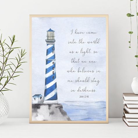 Canvas Painting Beach, John 12 46, Scripture Painting, Bible Verse Inspirational, Bible Verse Art Print, Lighthouse Print, Poster Decorations, Scripture Canvas, Painting Beach