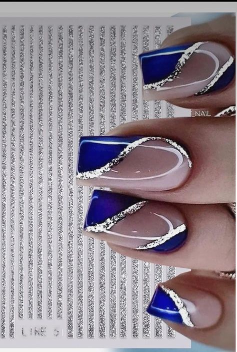 Blue White Silver Nail Designs, Royal Blue And White Nails, Silver And Blue Nails, Royal Blue And Silver Nails, Royal Blue Prom Nails, Hanukkah Nails, Nails Royal Blue, Royal Blue Nails Designs, Glitter Gel Nail Designs