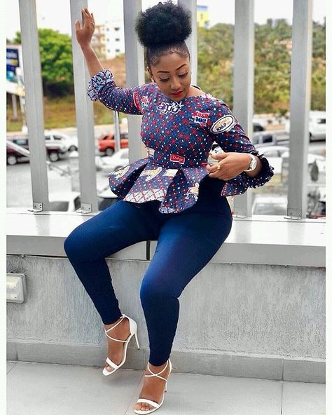 Lovely Peplum top  Hawt Jeans Isn't she looking stunning? : : #lovely #sleek #fashion #style #stylefashion #instafashion #fashionista #fashiongram  #fashionblog #fashionblogger :  : #giantriseentertainment #giantrise_intl #giantriseintl Ankara Tops With Jeans, Ankara Tops Blouses, Ankara Peplum Tops, Ankara Blouse, African Blouses, Ankara Clothing, Ankara Tops, African Tops, African Print Tops