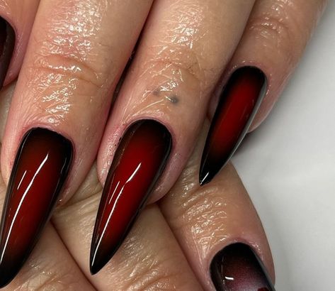 Black Almond Nails With Design, Dark Red Stilletos Nails, Red Nails Black Design, Vampiric Nails, Vampire Aesthetic Nails, Draculaura Nails Acrylic, Dark Design Nails, Maneater Nails, Dark Femme Nails